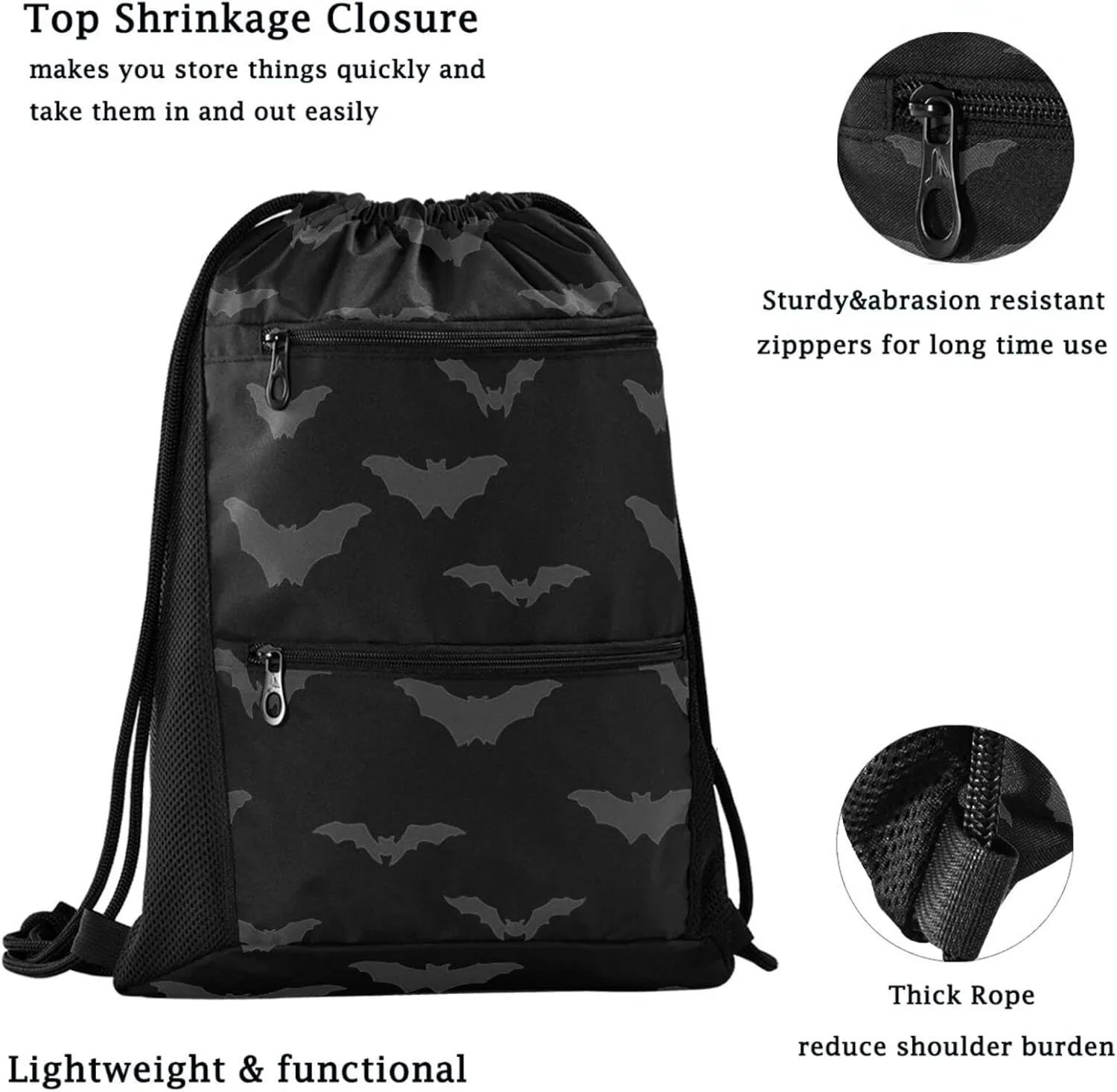 Nannle Large Drawstring Sackpack, Halloween Dark Night Bats Sport String Bag with Pockets for Travel Gym Swimming Beach