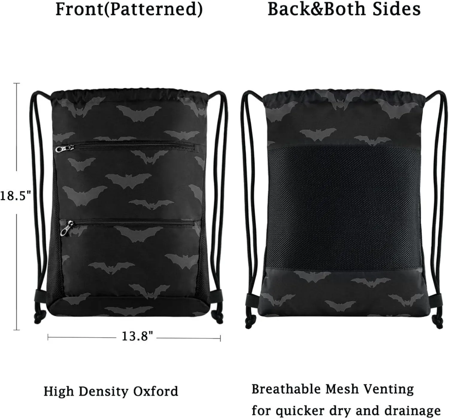 Nannle Large Drawstring Sackpack, Halloween Dark Night Bats Sport String Bag with Pockets for Travel Gym Swimming Beach