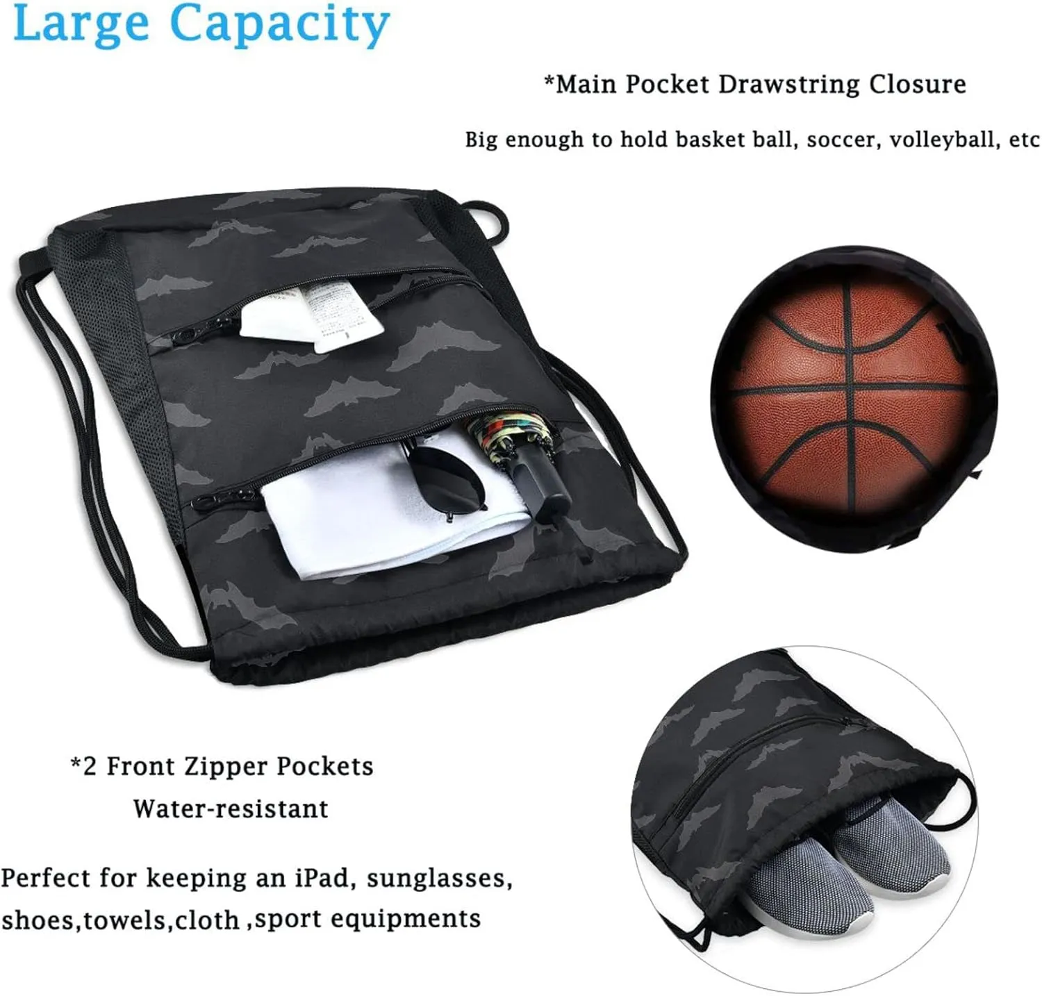 Nannle Large Drawstring Sackpack, Halloween Dark Night Bats Sport String Bag with Pockets for Travel Gym Swimming Beach