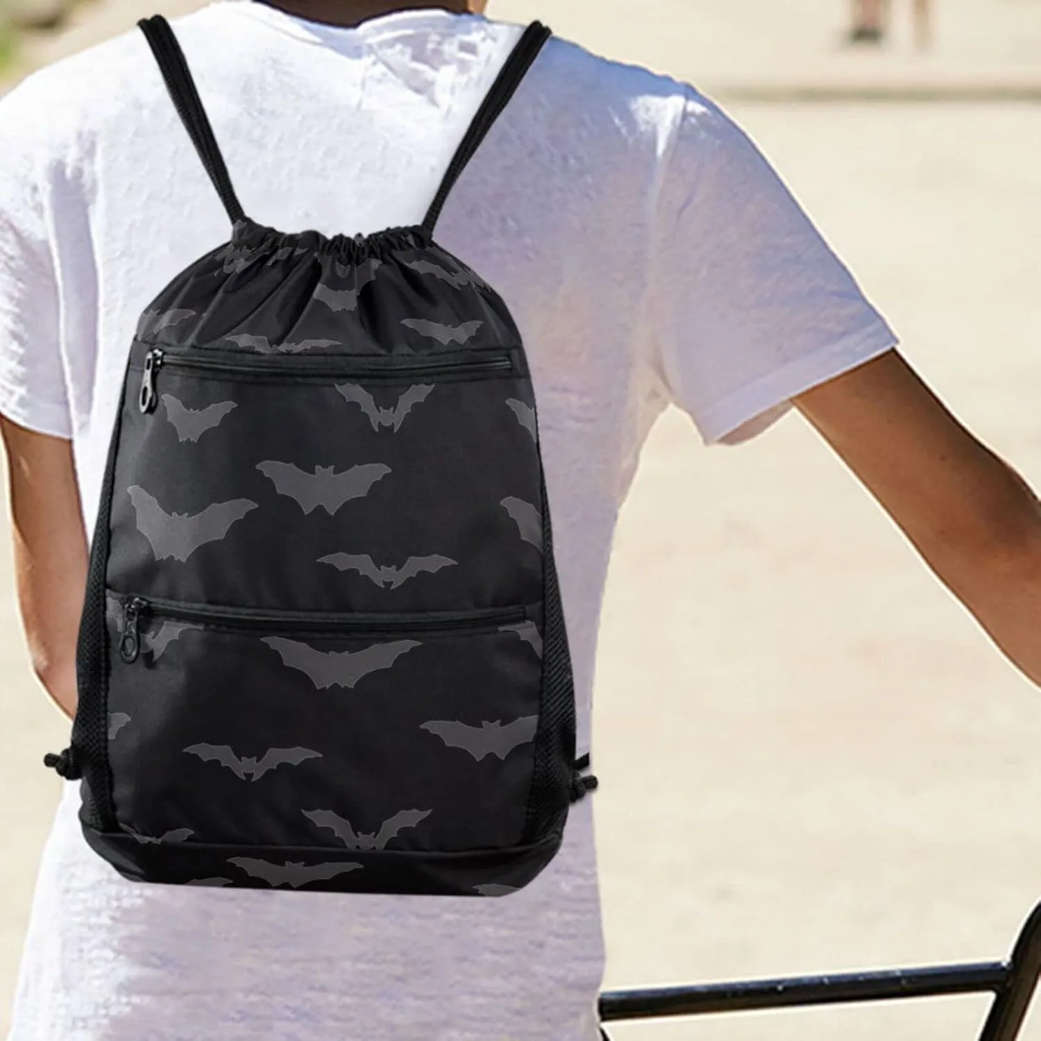 Nannle Large Drawstring Sackpack, Halloween Dark Night Bats Sport String Bag with Pockets for Travel Gym Swimming Beach