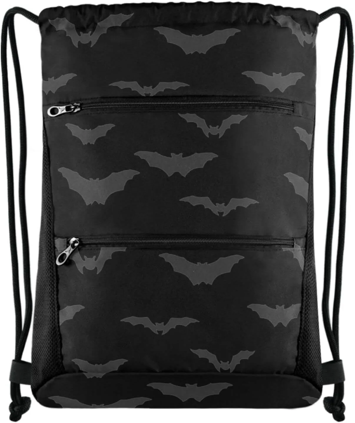 Nannle Large Drawstring Sackpack, Halloween Dark Night Bats Sport String Bag with Pockets for Travel Gym Swimming Beach