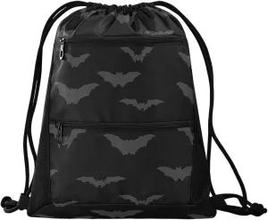 Nannle Large Drawstring Sackpack, Halloween Dark Night Bats Sport String Bag with Pockets for Travel Gym Swimming Beach