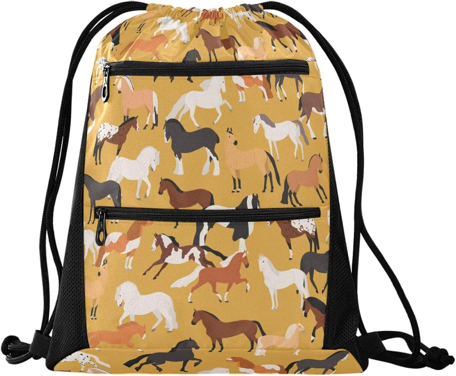 Nannle Large Drawstring Sackpack, Stylish Colors Horse Pattern Pockets String Storage Bag for Adult Travel Beach Gym Swimming Camping