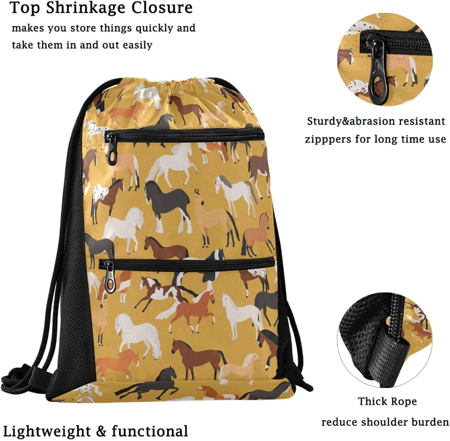 Nannle Large Drawstring Sackpack, Stylish Colors Horse Pattern Pockets String Storage Bag for Adult Travel Beach Gym Swimming Camping