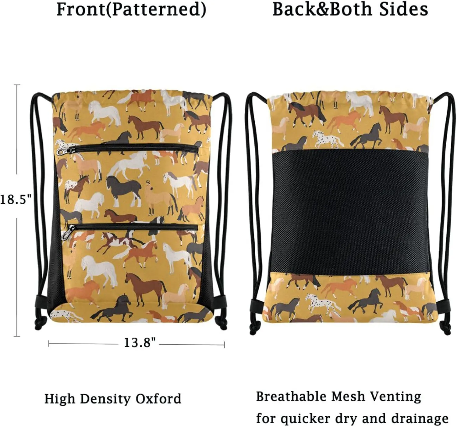 Nannle Large Drawstring Sackpack, Stylish Colors Horse Pattern Pockets String Storage Bag for Adult Travel Beach Gym Swimming Camping