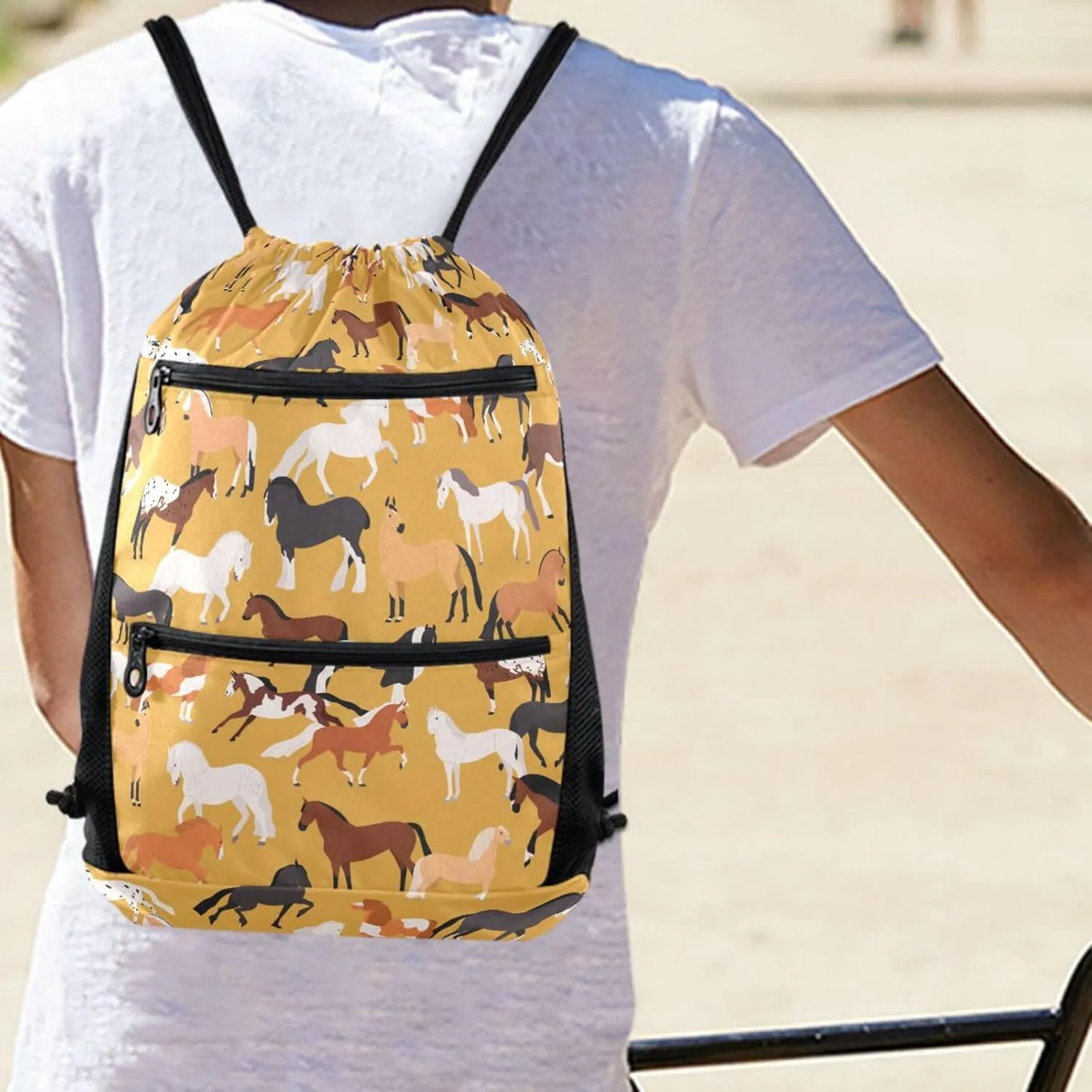 Nannle Large Drawstring Sackpack, Stylish Colors Horse Pattern Pockets String Storage Bag for Adult Travel Beach Gym Swimming Camping