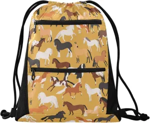 Nannle Large Drawstring Sackpack, Stylish Colors Horse Pattern Pockets String Storage Bag for Adult Travel Beach Gym Swimming Camping