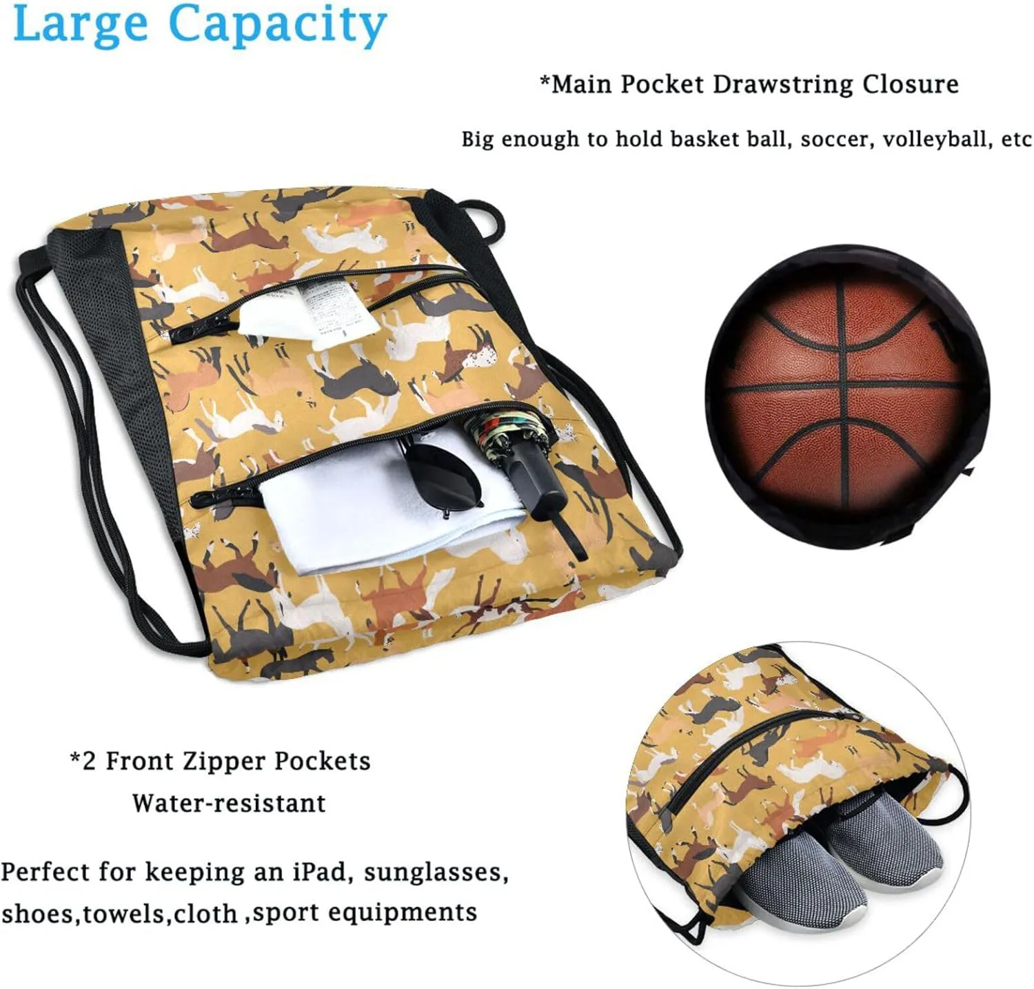 Nannle Large Drawstring Sackpack, Stylish Colors Horse Pattern Pockets String Storage Bag for Adult Travel Beach Gym Swimming Camping