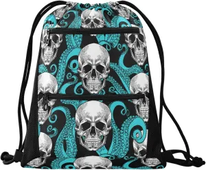 Nannle Large Drawstring Sackpack, Stylish Skull Turquoise Octopus Tentacles Pockets String Storage Bag for Adult Travel Beach Gym Swimming Camping