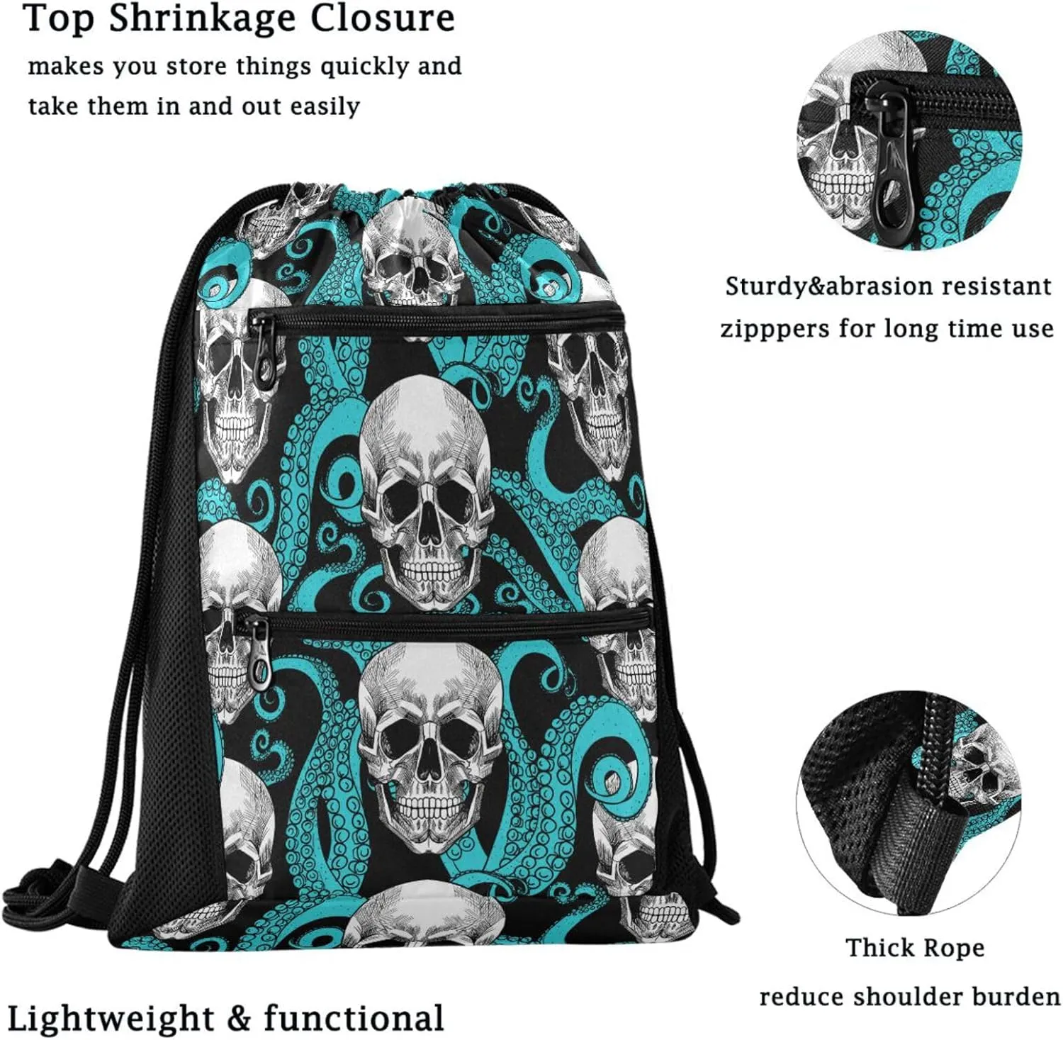 Nannle Large Drawstring Sackpack, Stylish Skull Turquoise Octopus Tentacles Pockets String Storage Bag for Adult Travel Beach Gym Swimming Camping