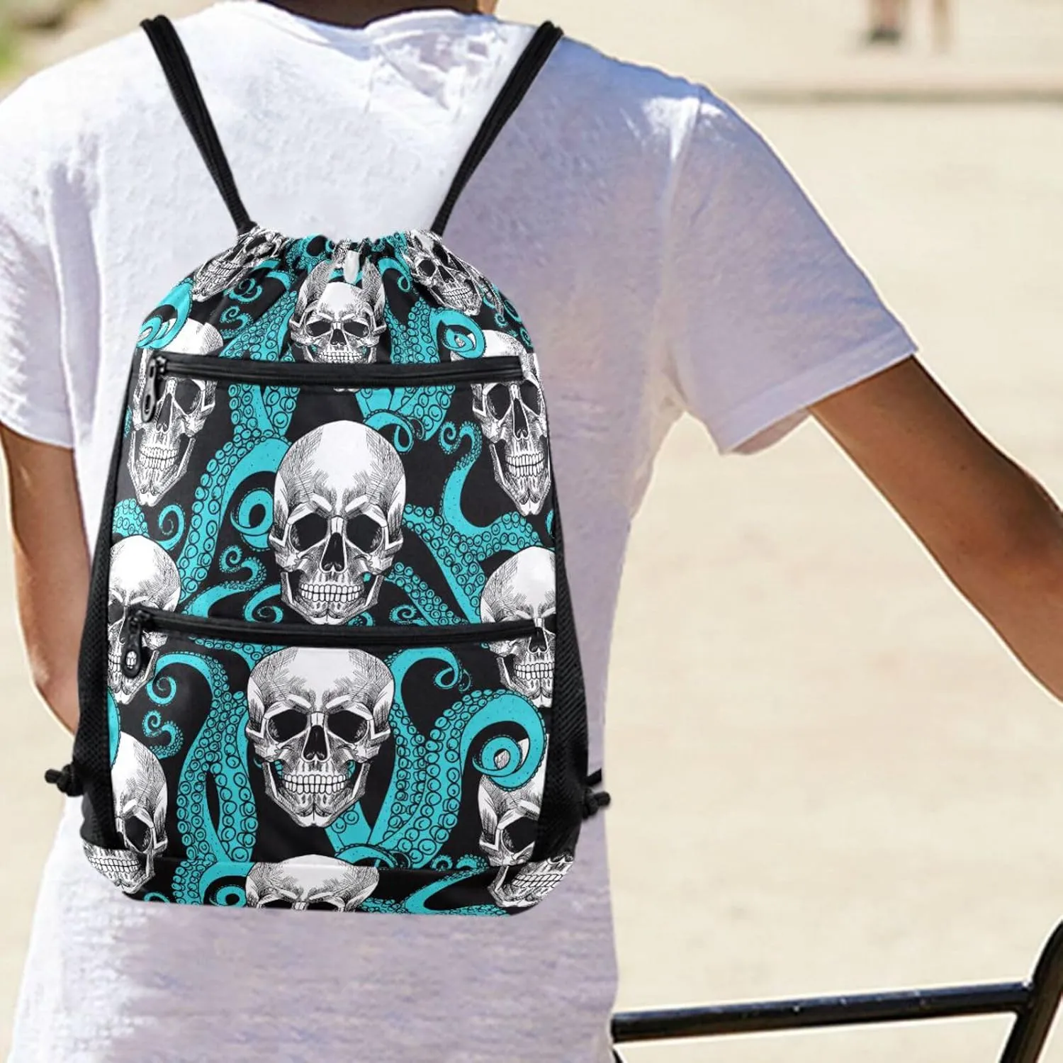 Nannle Large Drawstring Sackpack, Stylish Skull Turquoise Octopus Tentacles Pockets String Storage Bag for Adult Travel Beach Gym Swimming Camping