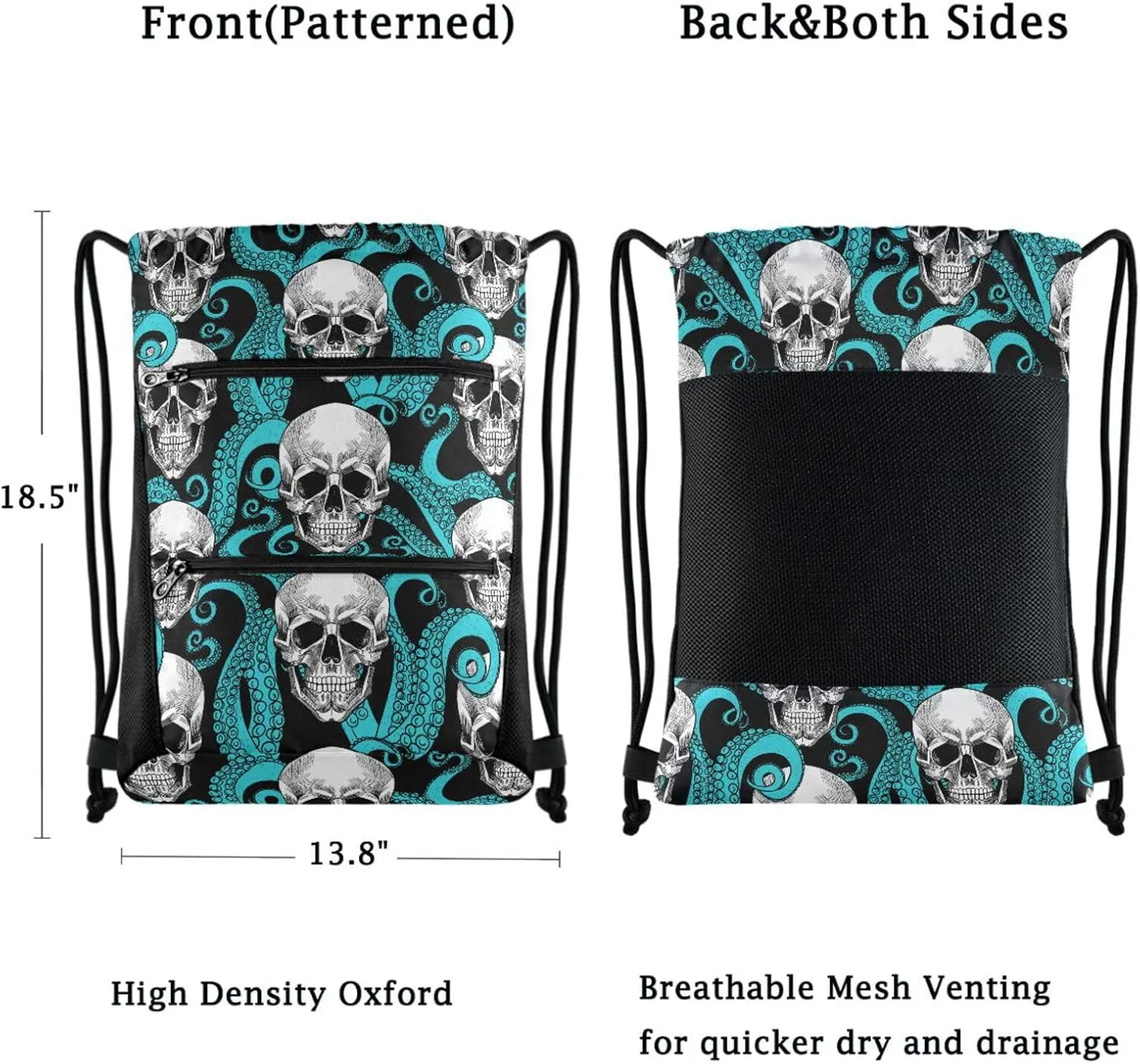 Nannle Large Drawstring Sackpack, Stylish Skull Turquoise Octopus Tentacles Pockets String Storage Bag for Adult Travel Beach Gym Swimming Camping