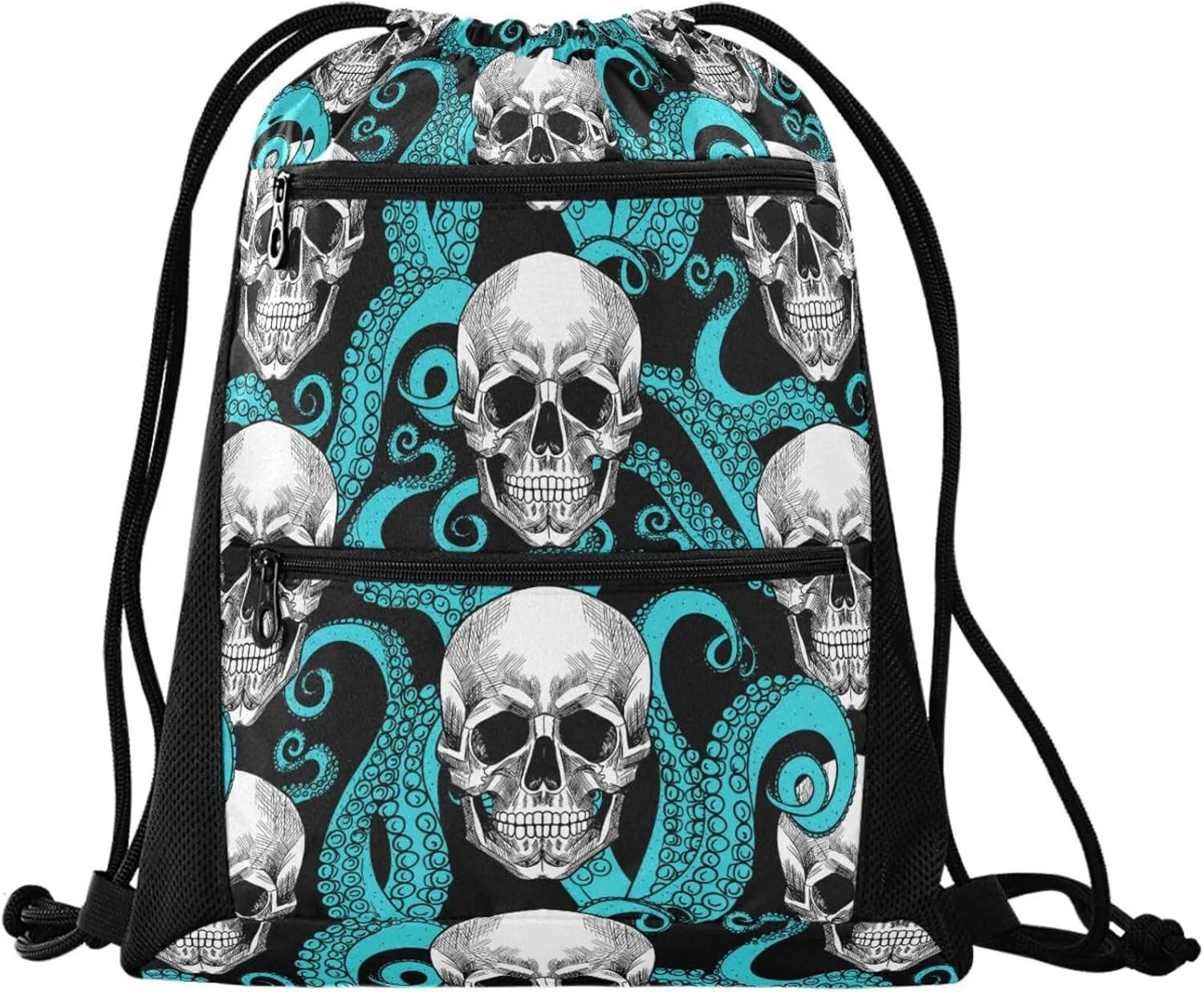 Nannle Large Drawstring Sackpack, Stylish Skull Turquoise Octopus Tentacles Pockets String Storage Bag for Adult Travel Beach Gym Swimming Camping