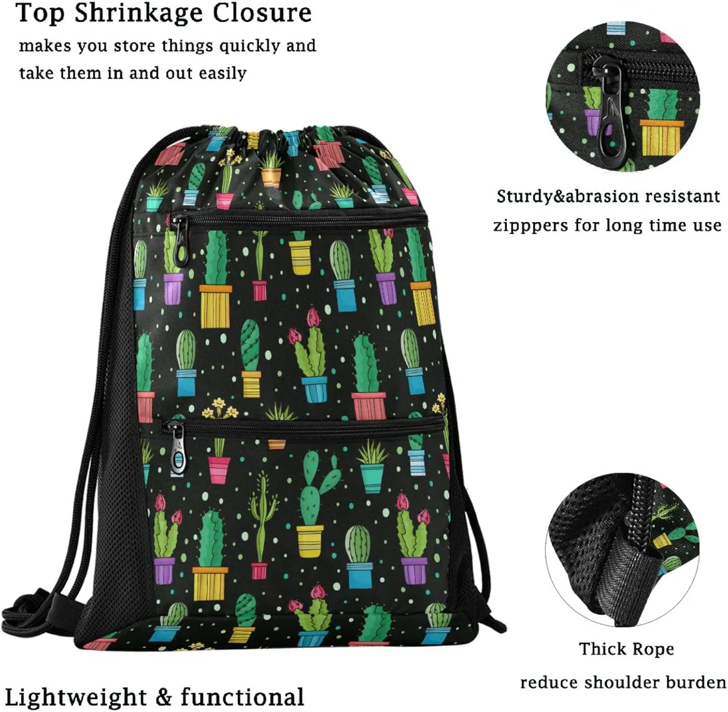 Nannle Large Lovely Cactus Plants Floral Pots Drawstring Sackpack,String Storage Bag with Pockets for Travel Gym Swimming Beach Camping