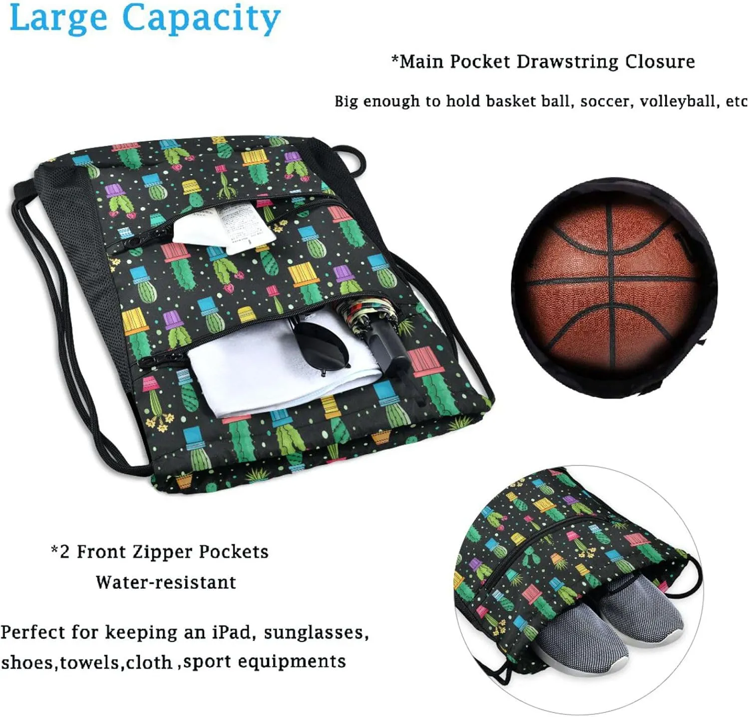 Nannle Large Lovely Cactus Plants Floral Pots Drawstring Sackpack,String Storage Bag with Pockets for Travel Gym Swimming Beach Camping