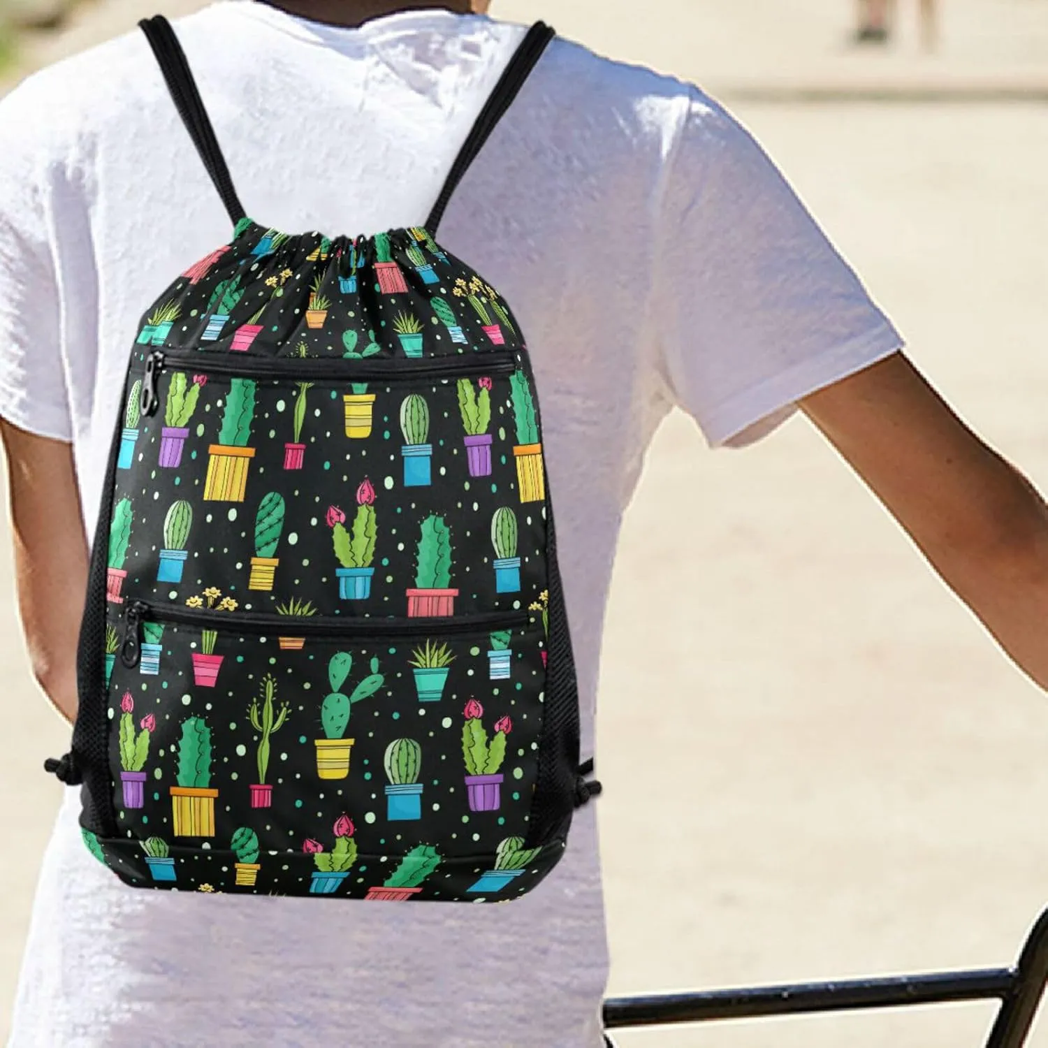 Nannle Large Lovely Cactus Plants Floral Pots Drawstring Sackpack,String Storage Bag with Pockets for Travel Gym Swimming Beach Camping