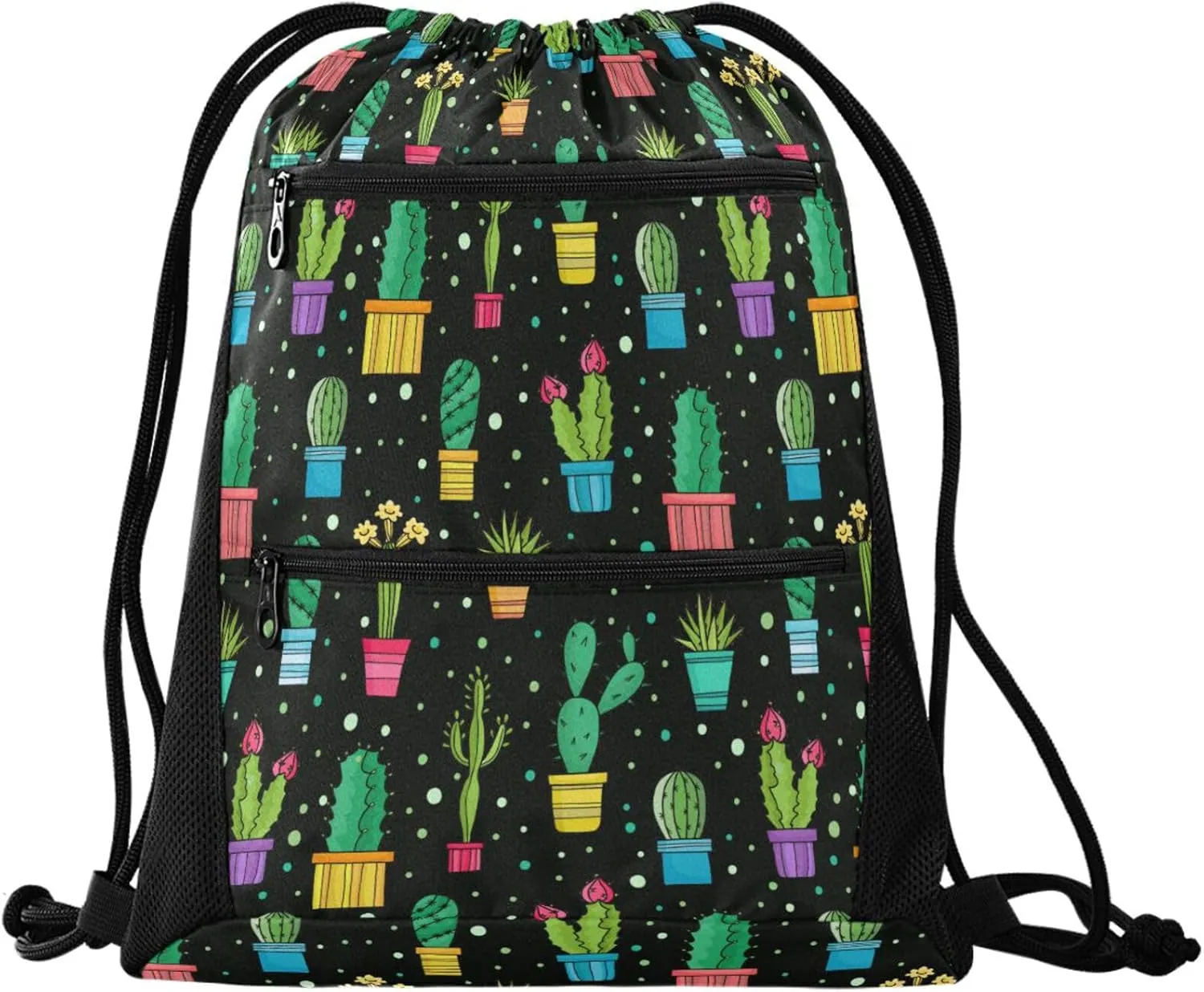 Nannle Large Lovely Cactus Plants Floral Pots Drawstring Sackpack,String Storage Bag with Pockets for Travel Gym Swimming Beach Camping