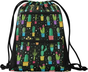 Nannle Large Lovely Cactus Plants Floral Pots Drawstring Sackpack,String Storage Bag with Pockets for Travel Gym Swimming Beach Camping