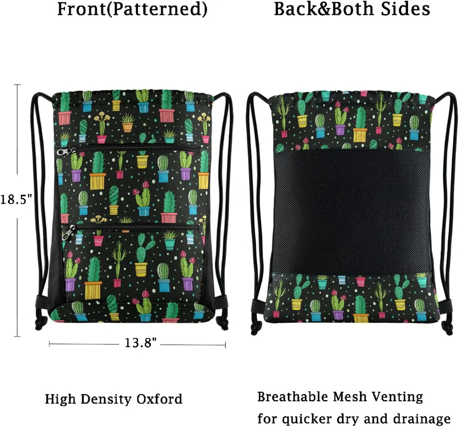 Nannle Large Lovely Cactus Plants Floral Pots Drawstring Sackpack,String Storage Bag with Pockets for Travel Gym Swimming Beach Camping