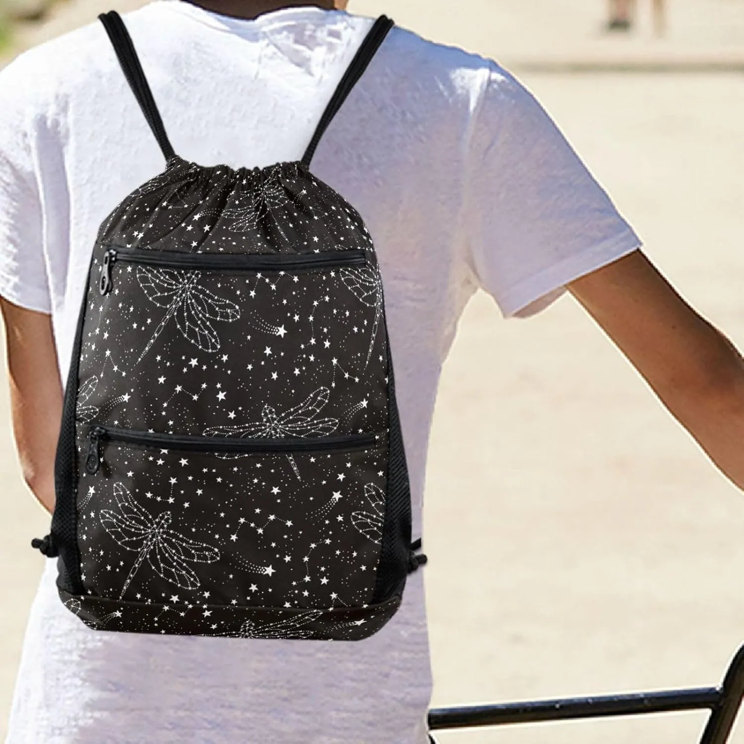 Nannle Large Stylish Black White Dragonfly Stars Drawstring Sackpack,String Storage Bag with Pockets for Travel Gym Swimming Beach Camping