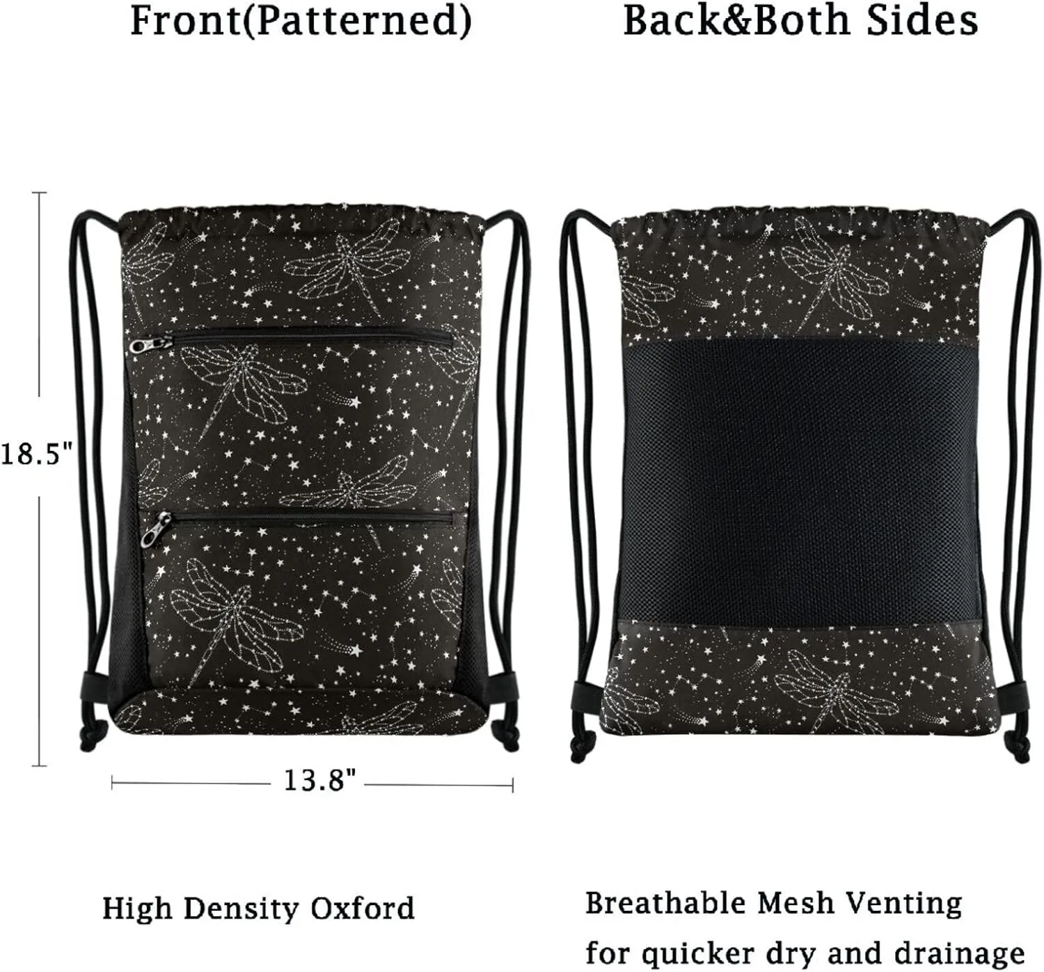 Nannle Large Stylish Black White Dragonfly Stars Drawstring Sackpack,String Storage Bag with Pockets for Travel Gym Swimming Beach Camping