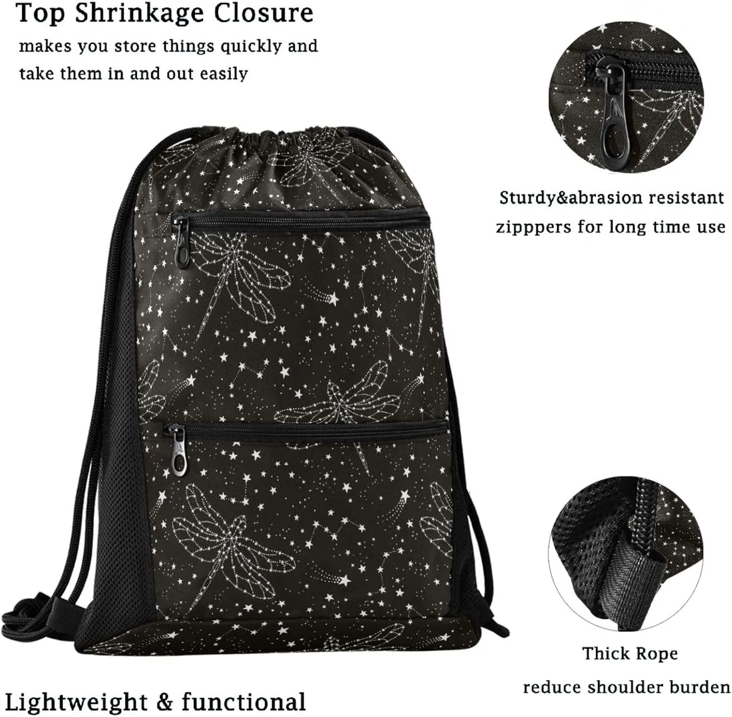Nannle Large Stylish Black White Dragonfly Stars Drawstring Sackpack,String Storage Bag with Pockets for Travel Gym Swimming Beach Camping