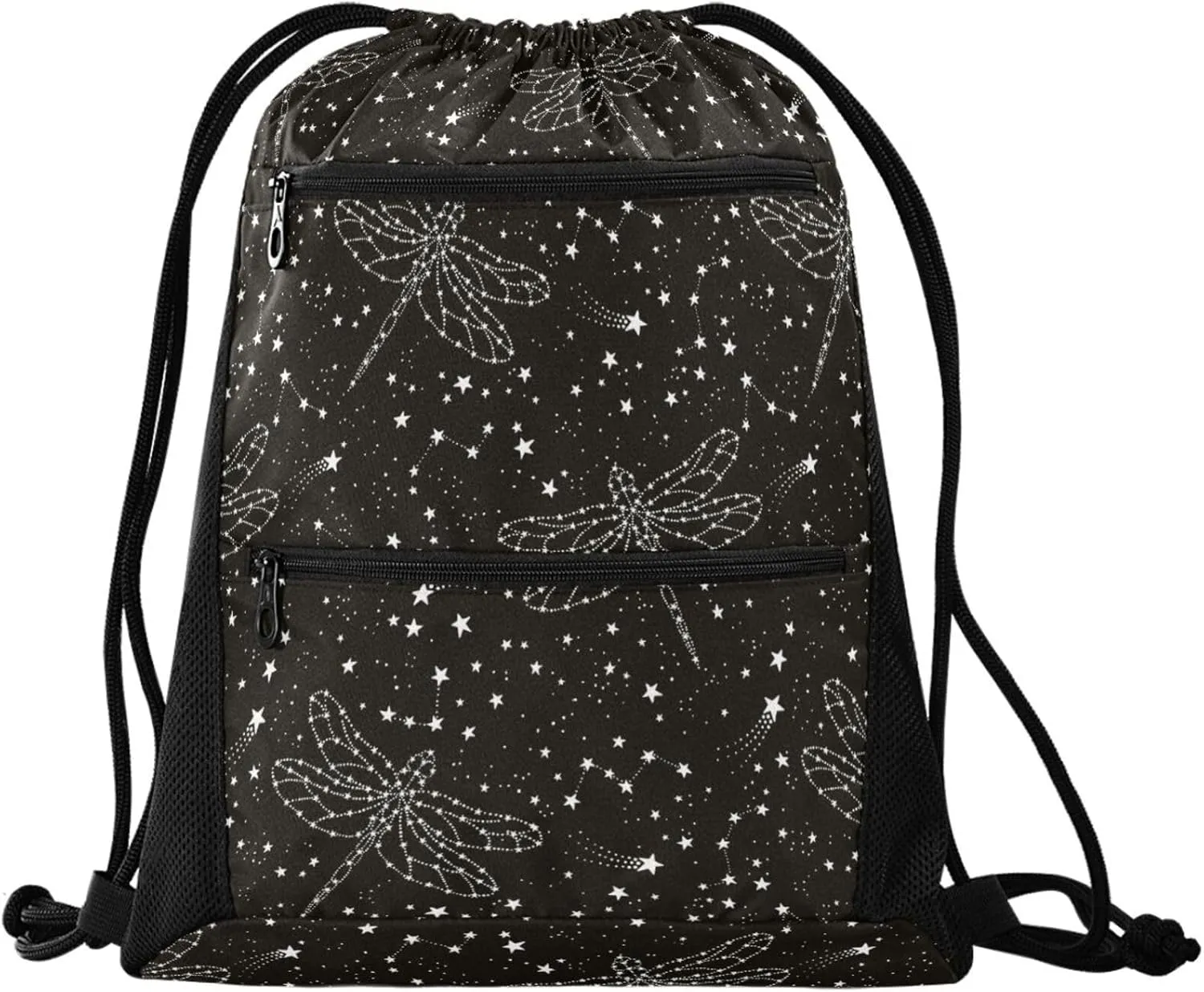 Nannle Large Stylish Black White Dragonfly Stars Drawstring Sackpack,String Storage Bag with Pockets for Travel Gym Swimming Beach Camping