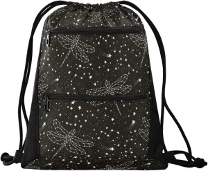 Nannle Large Stylish Black White Dragonfly Stars Drawstring Sackpack,String Storage Bag with Pockets for Travel Gym Swimming Beach Camping
