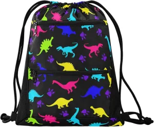 Nannle Large Stylish Cute Colors Dinosaurs Drawstring Sackpack,String Storage Bag with Pockets for Travel Gym Swimming Beach Camping