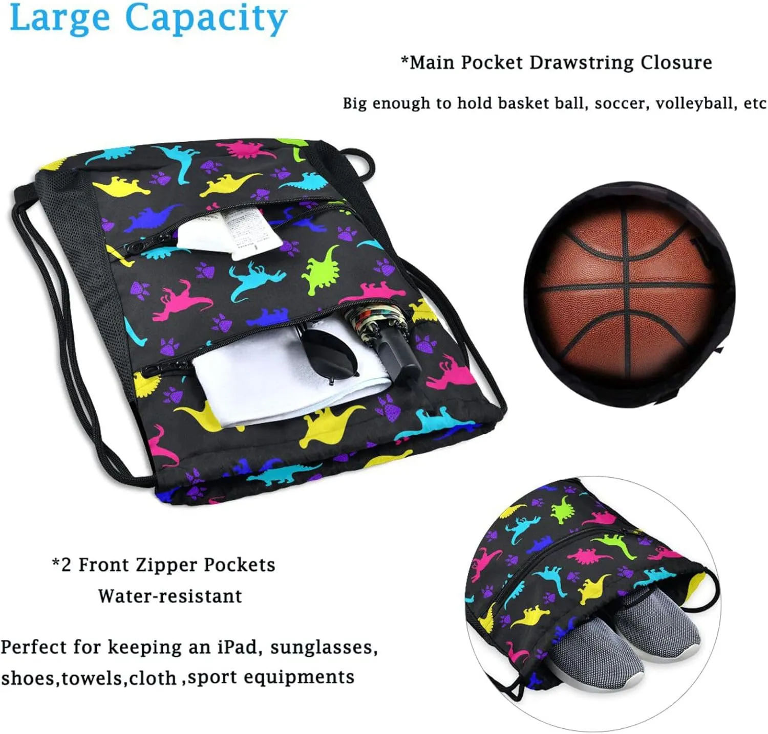 Nannle Large Stylish Cute Colors Dinosaurs Drawstring Sackpack,String Storage Bag with Pockets for Travel Gym Swimming Beach Camping