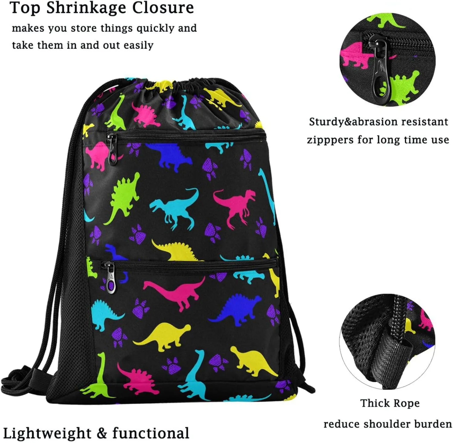 Nannle Large Stylish Cute Colors Dinosaurs Drawstring Sackpack,String Storage Bag with Pockets for Travel Gym Swimming Beach Camping