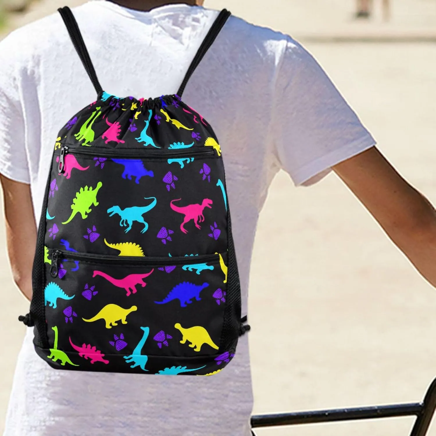 Nannle Large Stylish Cute Colors Dinosaurs Drawstring Sackpack,String Storage Bag with Pockets for Travel Gym Swimming Beach Camping