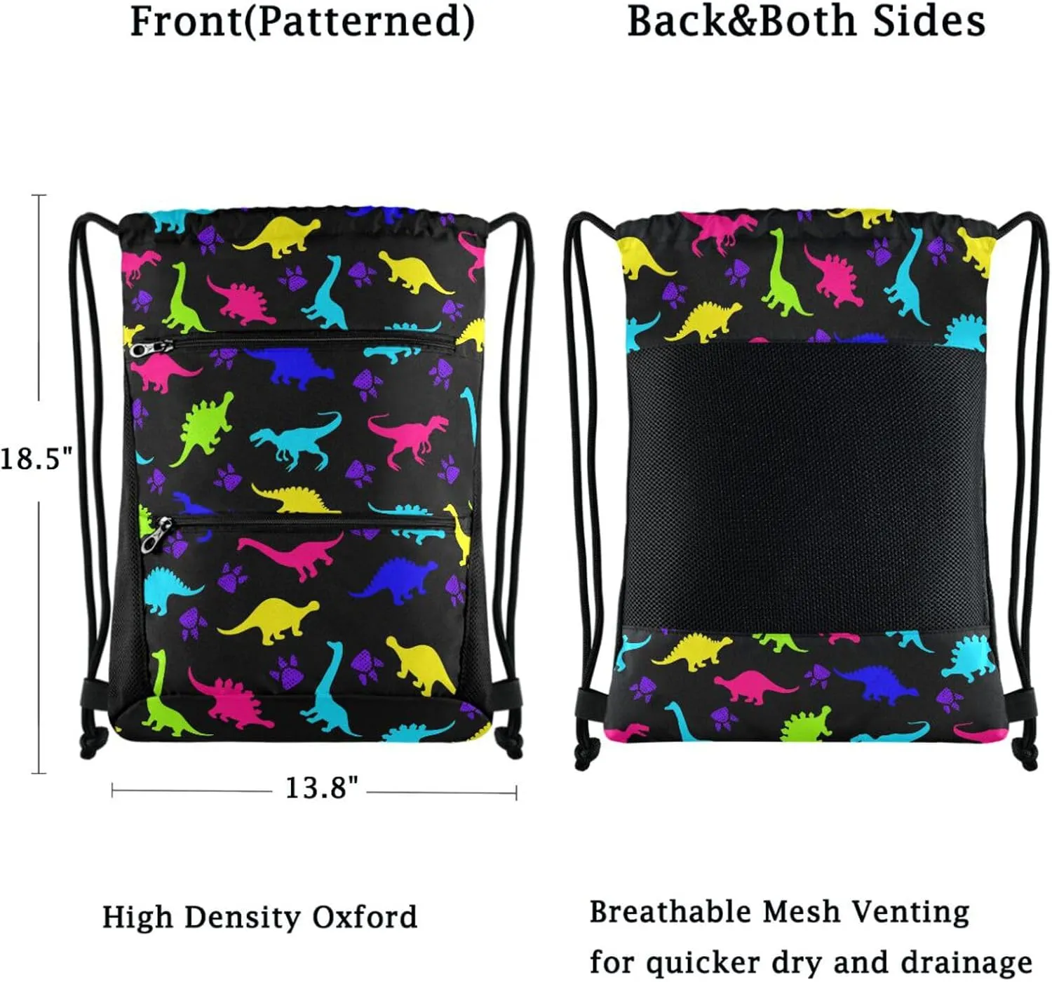 Nannle Large Stylish Cute Colors Dinosaurs Drawstring Sackpack,String Storage Bag with Pockets for Travel Gym Swimming Beach Camping