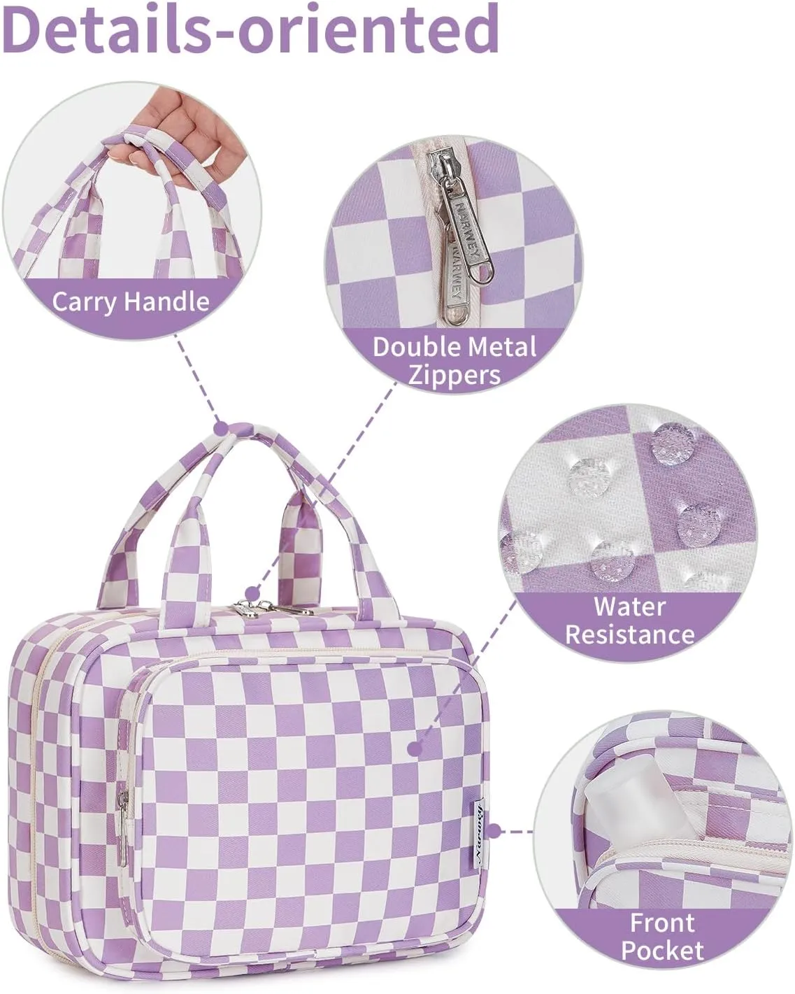 Narwey Travel Toiletry Bag for Women Large Hanging Makeup Bag Organizer Toiletries Bag for Full Size Essentials Accessories Cosmetics (Purple Checkerboard (Large))