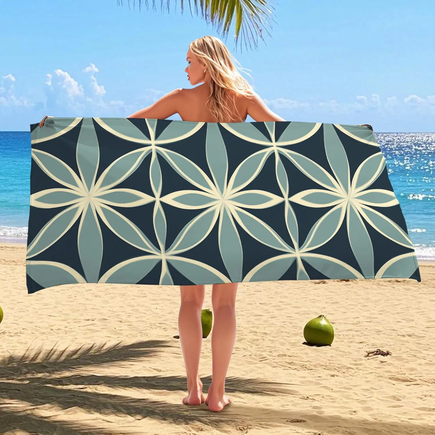Nautical Geometric Beach Towel Navy Blue Patterned Towel, Fast Dry Lightweight Sand Resistant Oversized Blanket, Summer Outdoor Travel Picnic Essentials 70x35 Inch
