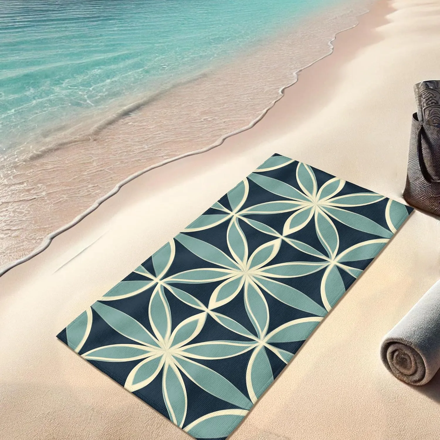 Nautical Geometric Beach Towel Navy Blue Patterned Towel, Fast Dry Lightweight Sand Resistant Oversized Blanket, Summer Outdoor Travel Picnic Essentials 70x35 Inch