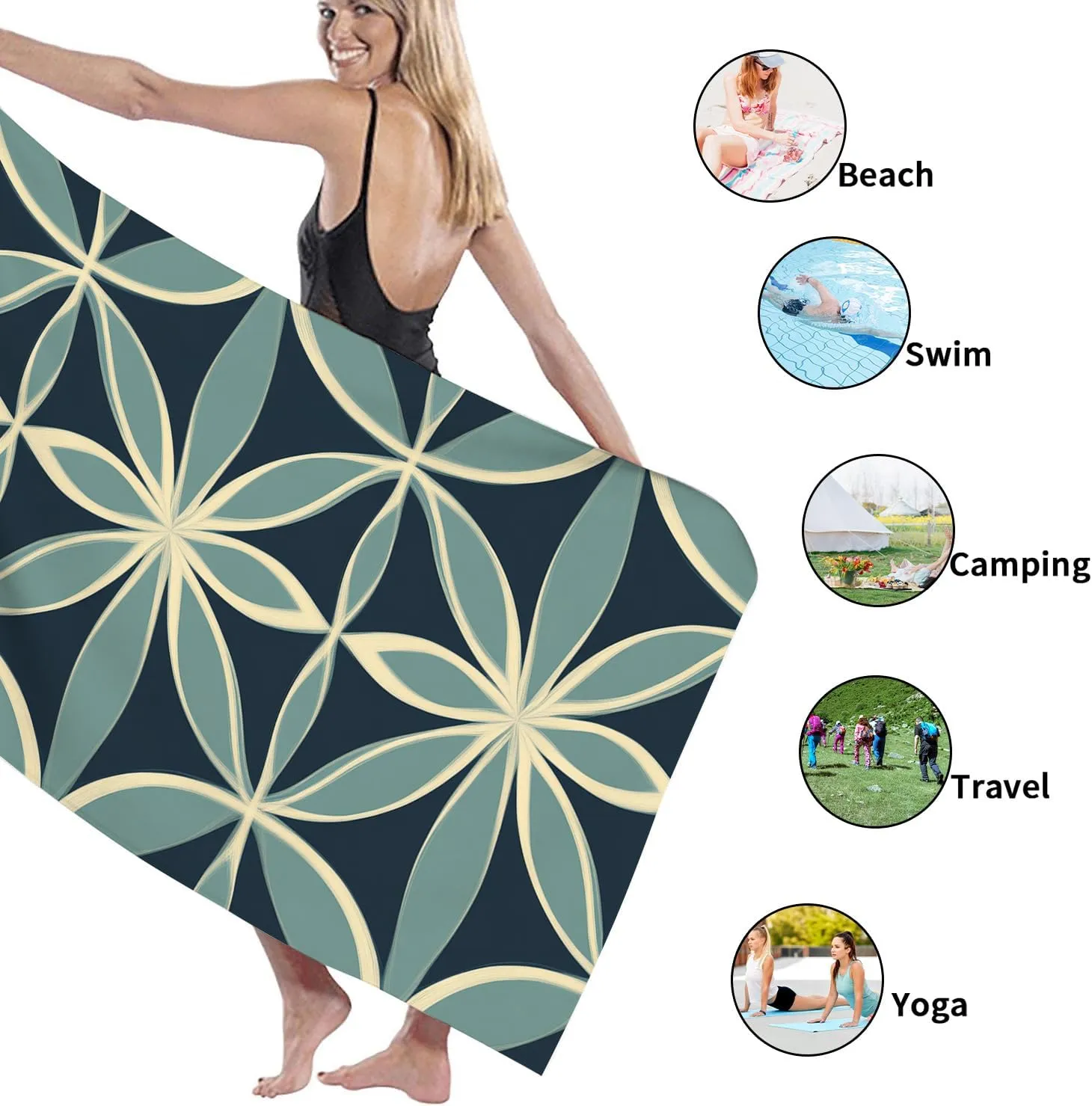 Nautical Geometric Beach Towel Navy Blue Patterned Towel, Fast Dry Lightweight Sand Resistant Oversized Blanket, Summer Outdoor Travel Picnic Essentials 70x35 Inch