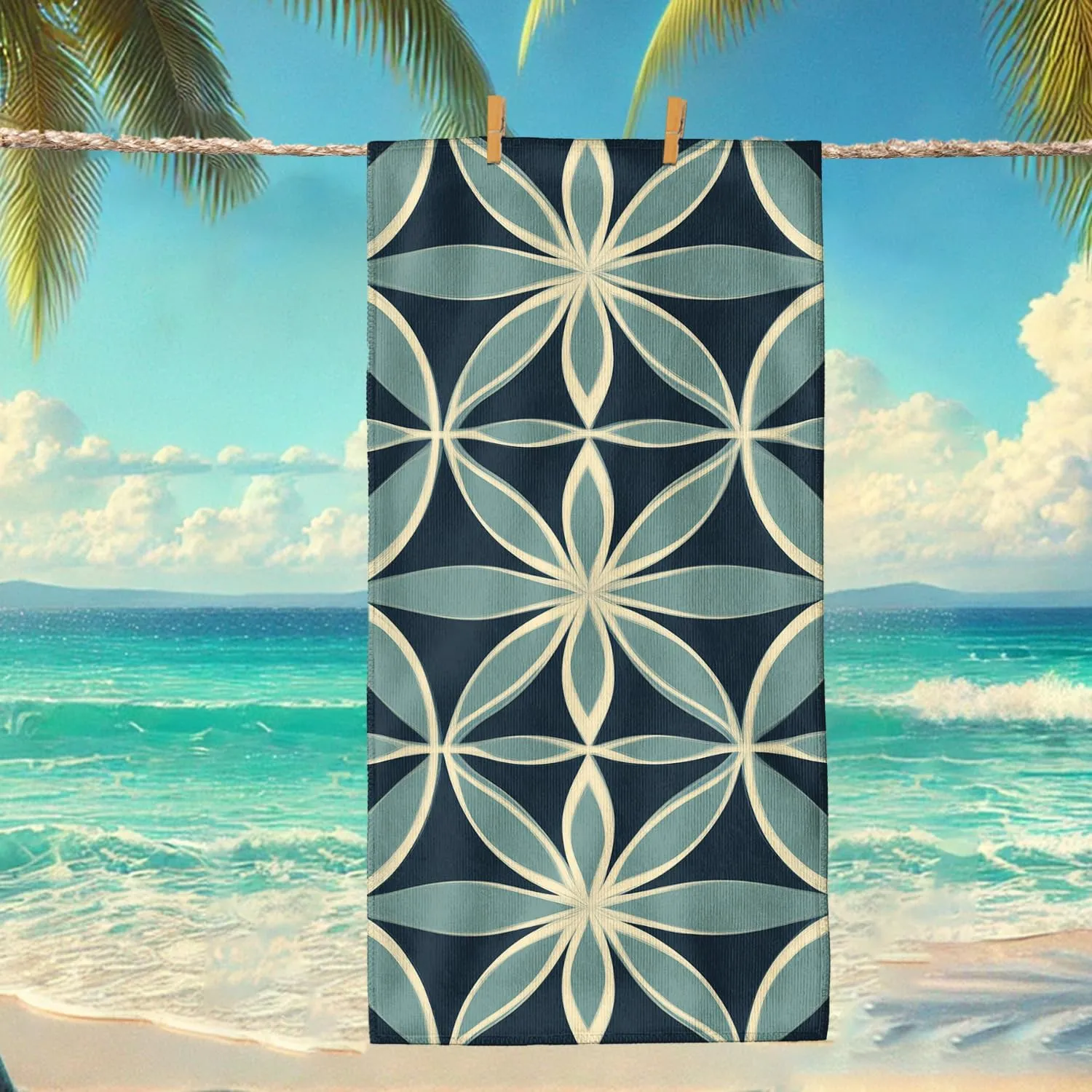 Nautical Geometric Beach Towel Navy Blue Patterned Towel, Fast Dry Lightweight Sand Resistant Oversized Blanket, Summer Outdoor Travel Picnic Essentials 70x35 Inch