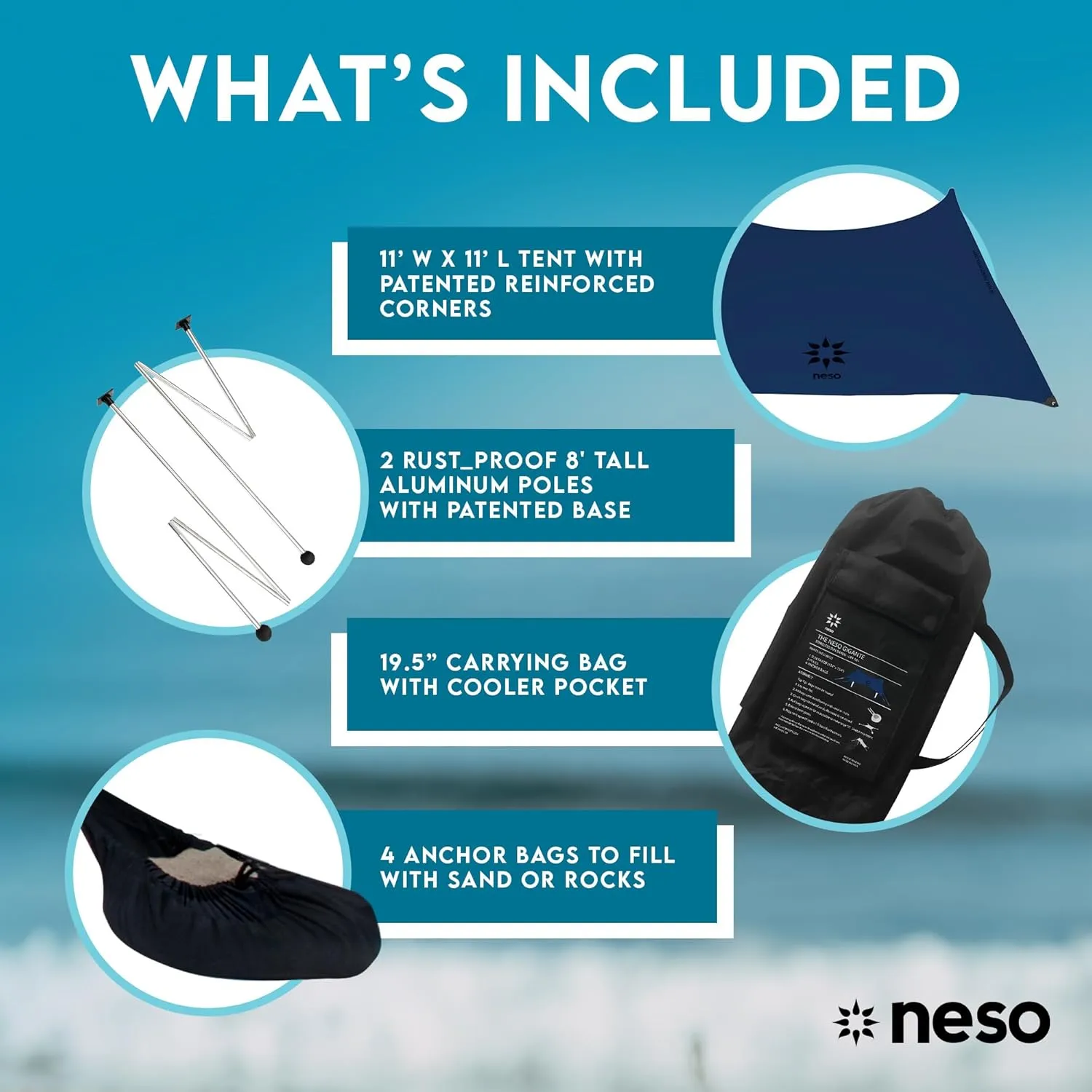Neso Gigante - Portable Beach Tent - Ideal to Enjoy with Family and Friends - UPF 50 , Water-Resistant, and Lightweight - Navy, 11' x 11'