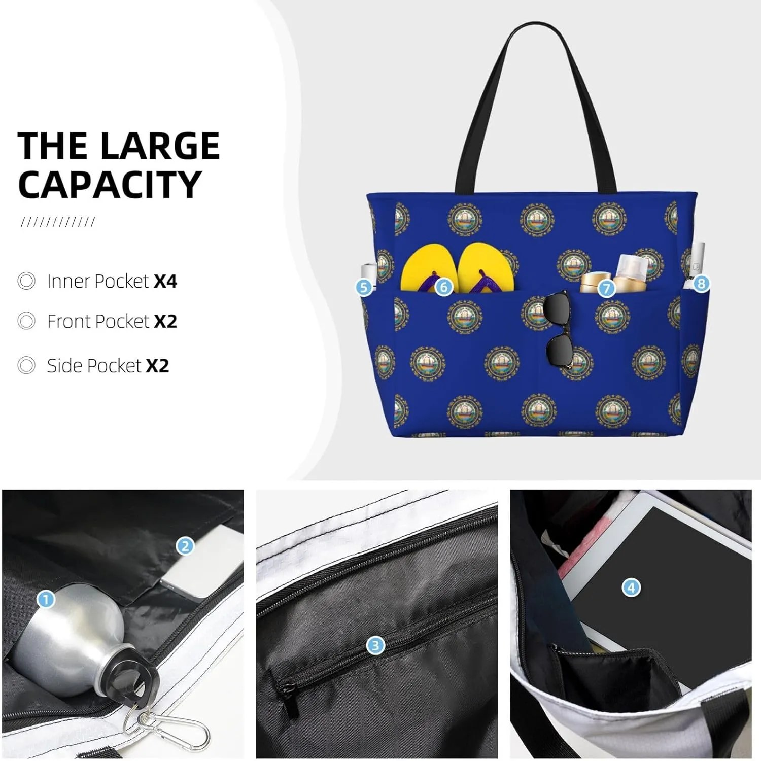 New Hampshire State Flag Large Capacity Foldable Tote Bag Women Beach Tote Bag Handbag Gym Bag Travel Shopping Bag