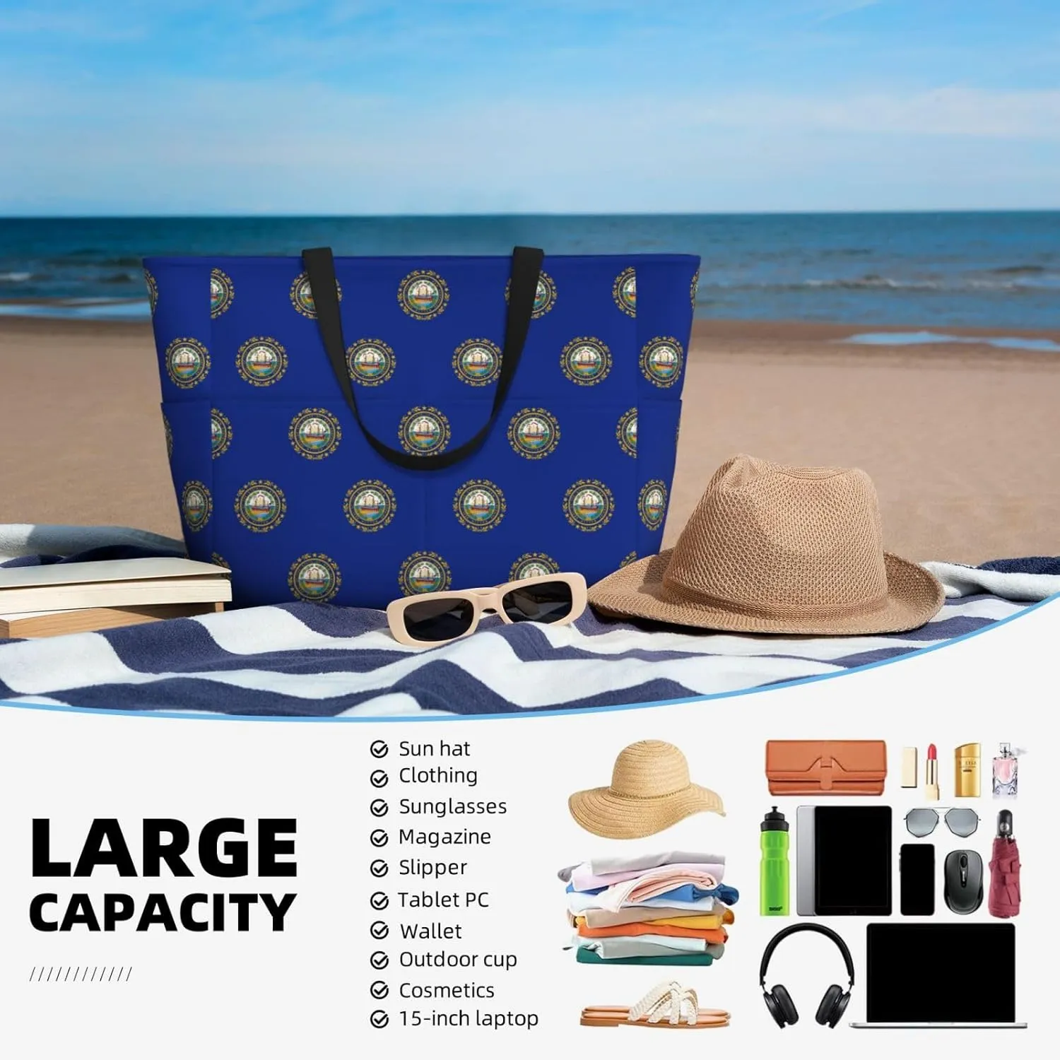 New Hampshire State Flag Large Capacity Foldable Tote Bag Women Beach Tote Bag Handbag Gym Bag Travel Shopping Bag