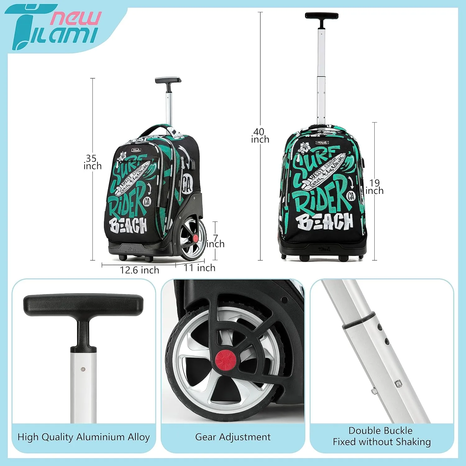 NEW TILAMI Rolling Backpack 19 inch Teens Rolling Backpack Cute Wheeled Computer Laptop Backpack Bookbag Roller Travel Bag College, Surf Rider