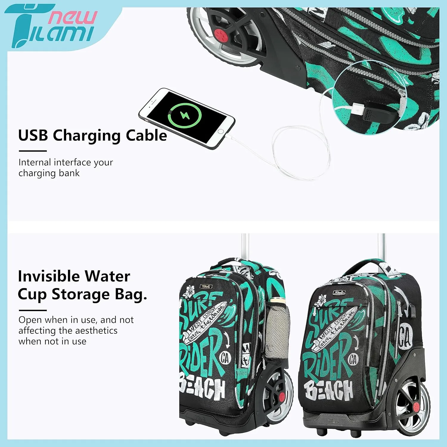 NEW TILAMI Rolling Backpack 19 inch Teens Rolling Backpack Cute Wheeled Computer Laptop Backpack Bookbag Roller Travel Bag College, Surf Rider