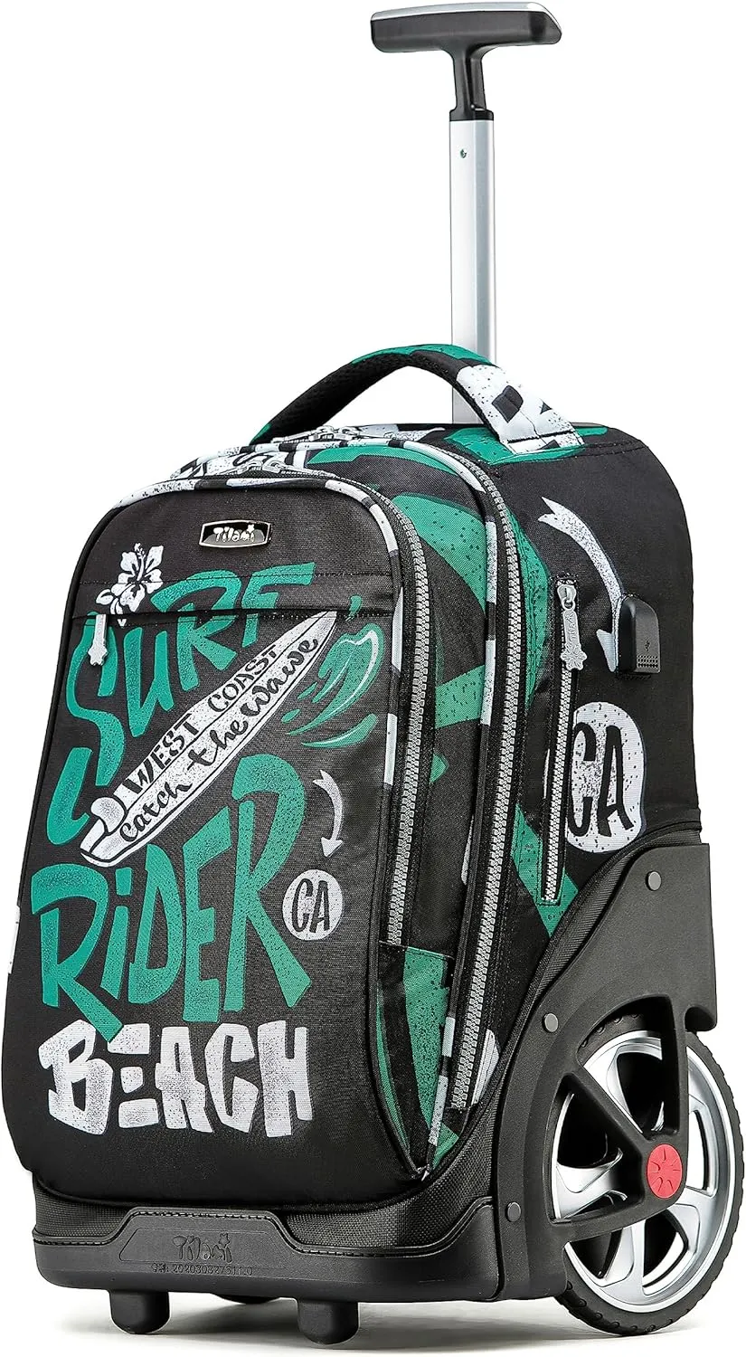NEW TILAMI Rolling Backpack 19 inch Teens Rolling Backpack Cute Wheeled Computer Laptop Backpack Bookbag Roller Travel Bag College, Surf Rider