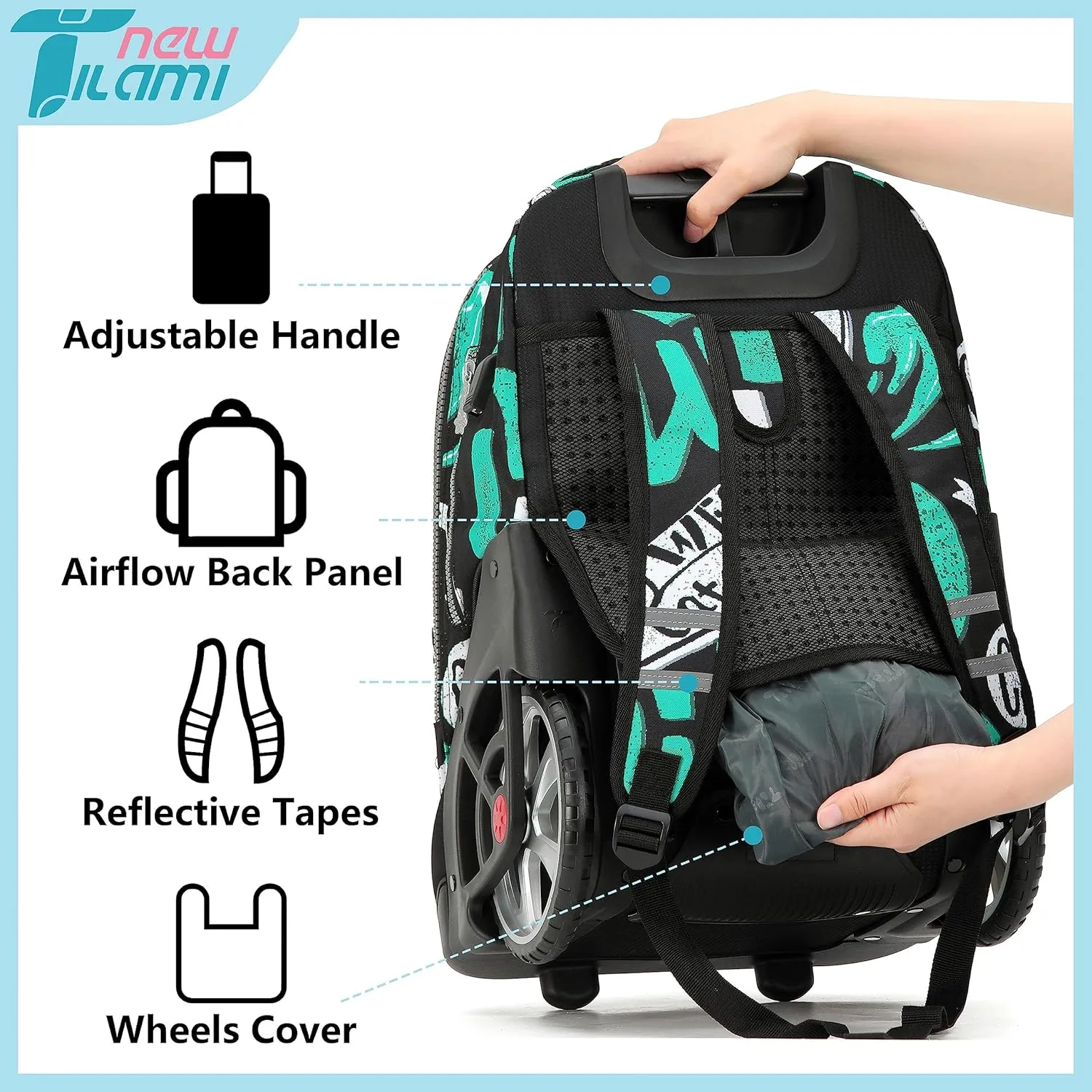 NEW TILAMI Rolling Backpack 19 inch Teens Rolling Backpack Cute Wheeled Computer Laptop Backpack Bookbag Roller Travel Bag College, Surf Rider