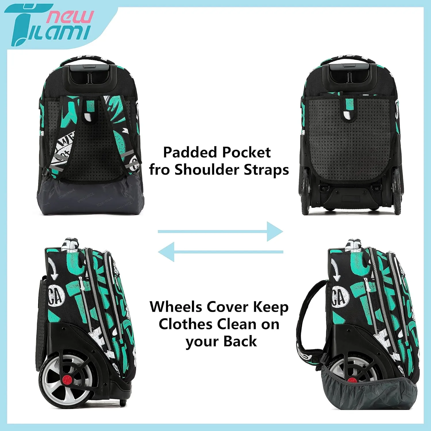 NEW TILAMI Rolling Backpack 19 inch Teens Rolling Backpack Cute Wheeled Computer Laptop Backpack Bookbag Roller Travel Bag College, Surf Rider
