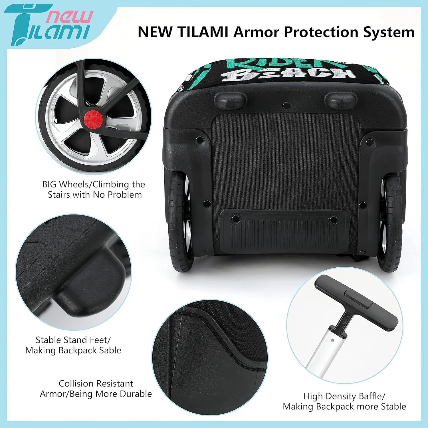 NEW TILAMI Rolling Backpack 19 inch Teens Rolling Backpack Cute Wheeled Computer Laptop Backpack Bookbag Roller Travel Bag College, Surf Rider