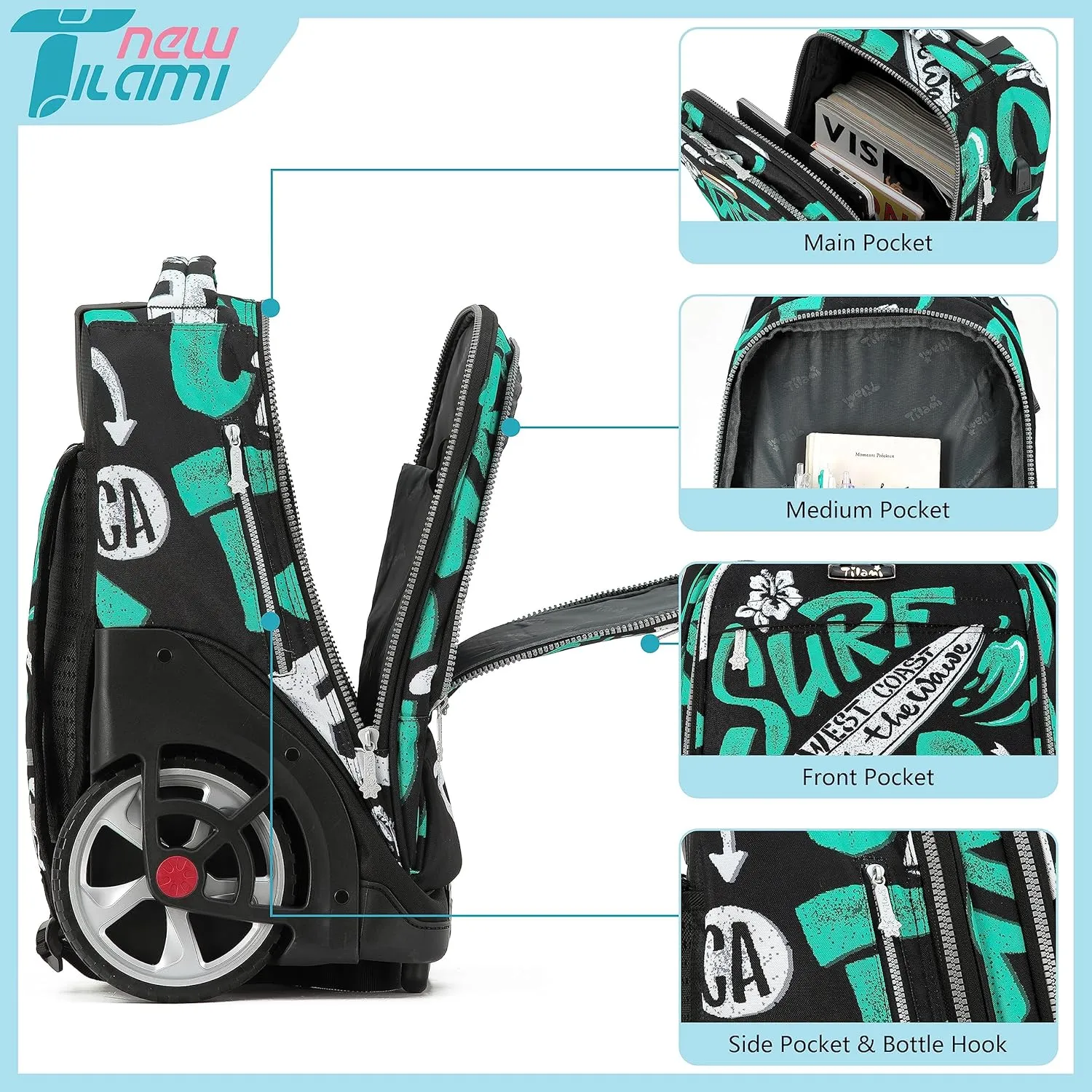 NEW TILAMI Rolling Backpack 19 inch Teens Rolling Backpack Cute Wheeled Computer Laptop Backpack Bookbag Roller Travel Bag College, Surf Rider