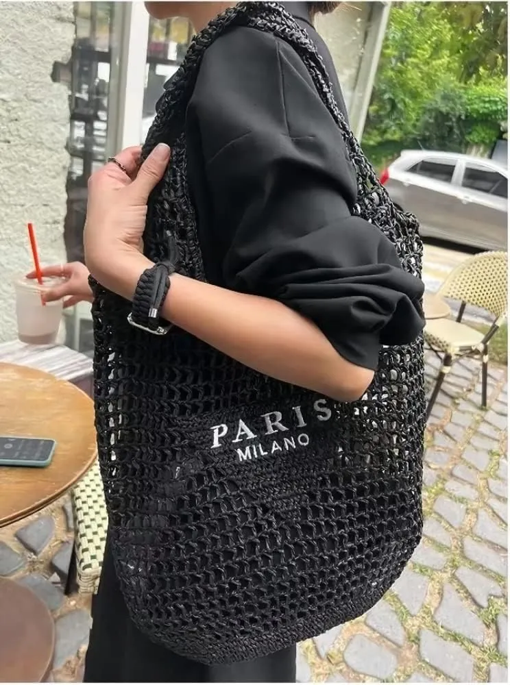 New Woven Bag, Straw Mesh Tote Bag, Beach, Shoulder Bag, Hobo Women, Foldable Large Capacity, for Holiday.