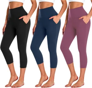 NEW YOUNG 3 Pack Capri Leggings for Women with Pockets-High Waisted Tummy Control Workout Gym Yoga Pants